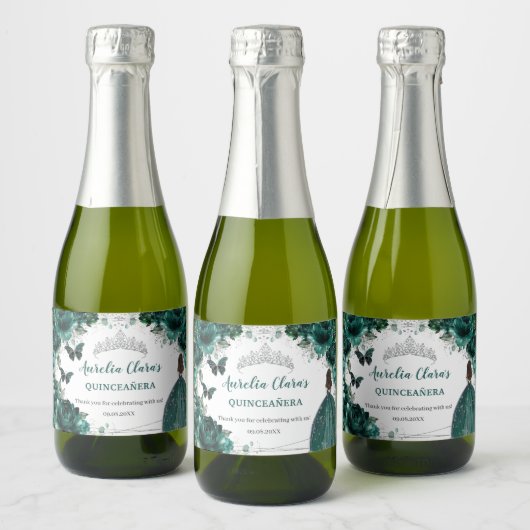 Zilveren Smaragd Bloem Quinceañera Verjaardagsfavo Sparkling Wijnetiket (Flessen)