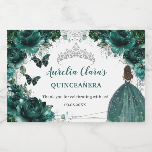 Zilveren Smaragd Bloem Quinceañera Verjaardagsfavo Sparkling Wijnetiket (Enkel label)