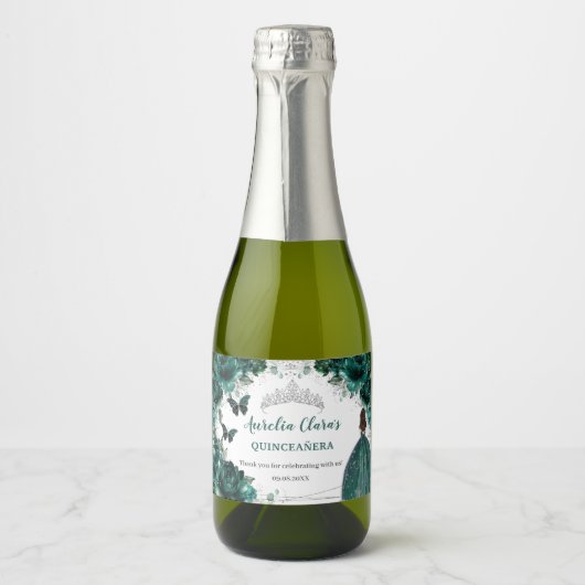Zilveren Smaragd Bloem Quinceañera Verjaardagsfavo Sparkling Wijnetiket (Voorkant)