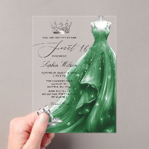 Zilveren Smaragd Jurk Prinses Sweet 16 Acryl Uitnodigingen