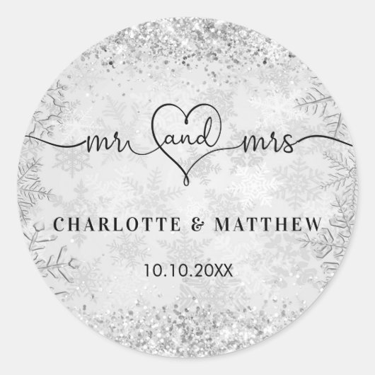 Zilveren sneeuw namen meneer mevrouw elegante wint ronde sticker (Voorkant)