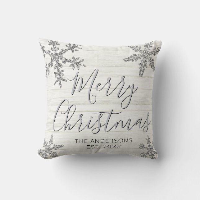 Zilveren sneeuwvlok Elegant Script Kerstmis Kussen (Voorkant)