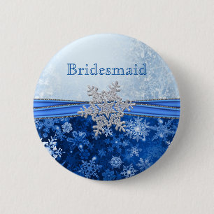 Zilveren sneeuwvlok op blauw Bridesmaid Ronde Button 5,7 Cm