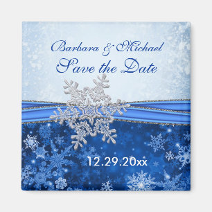 Zilveren sneeuwvlok op blauw Save the Date Magnet Magneet