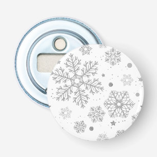 Zilveren sneeuwvlokken op wit button flesopener
