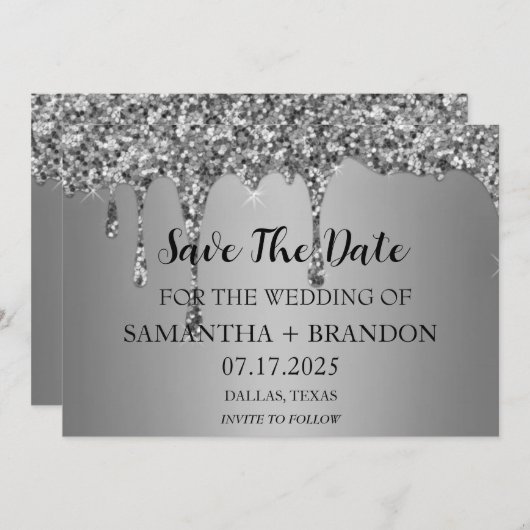 Zilveren Sparkle Glitter Drips Luxe bruiloft Save The Date (Voorkant / Achterkant)