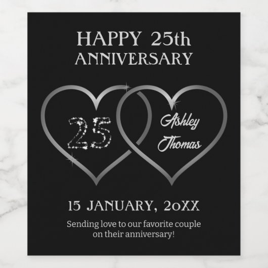 Zilveren Sparkle Hearts en Numbers Wijn Etiket (Enkel label)