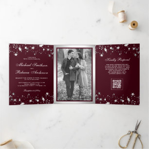 Zilveren Sterren Confetti Burgundy QR Code Trouwfe Drieluik Uitnodiging