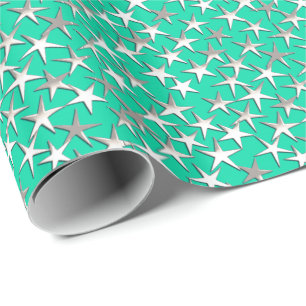 Zilveren sterren op turquoise cadeaupapier