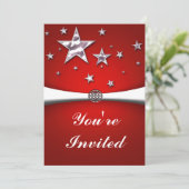 Zilveren Sterren Rood Feest Uitnodiging (Staand voorkant)