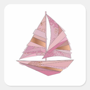 Zilveren stickerontwerp met roze zeilboot en een e vierkante sticker