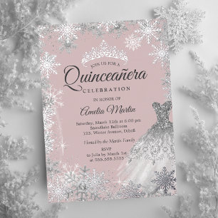 Zilveren Stof Roze Winter Sneeuwvlok Quinceanera Folie Uitnodiging