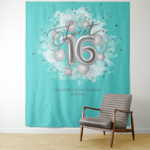Zilveren Sweet 16 Verjaardagsballonnen Feest Teal Wandkleed