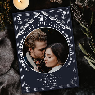 Zilveren Tarot Gotische Trouwfoto Save the Date Folie Uitnodiging