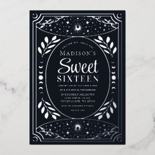 Zilveren Tarot Witchy Sweet 16 Verjaardagsfeest Folie Uitnodiging