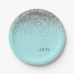 Zilveren Teal Aqua Blauwe Meisjesachtige Glitter M Papieren Bordje