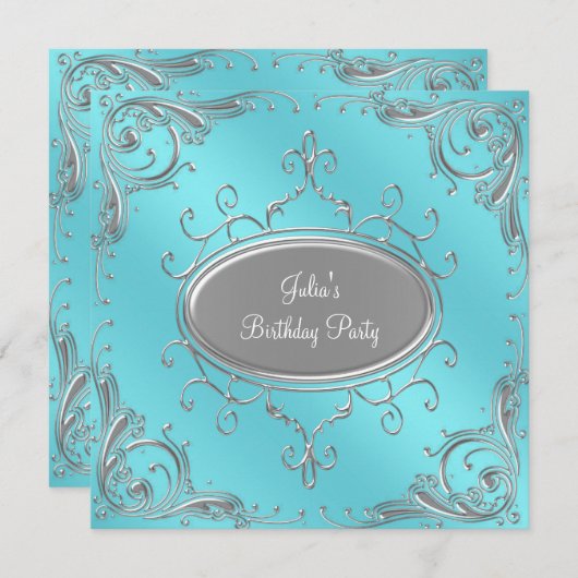 Zilveren Teal Blauwe Vrouwen Verjaardagsfeestje Kaart (Voorkant / Achterkant)