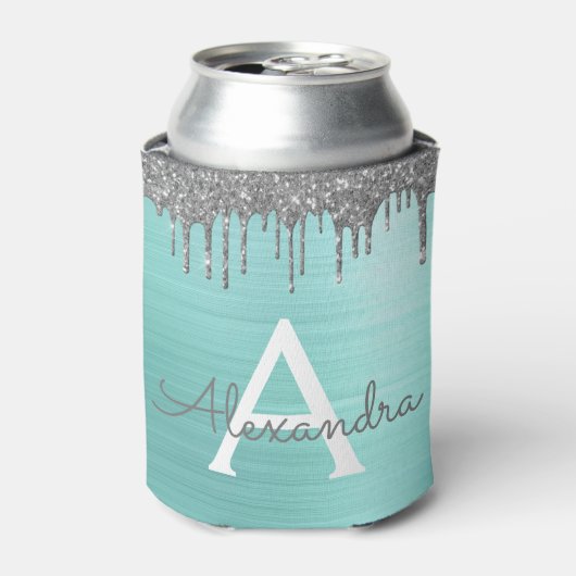 Zilveren Teal Glitter Geborsteld Metaal Monogram N Blikjeskoeler (Blikje Voorkant)