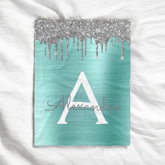 Zilveren Teal Glitter Geborsteld Metal Monogram Na Fleece Deken