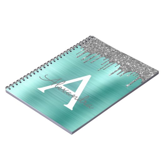 Zilveren Teal Glitter Geborsteld Metal Monogram Na Notitieboek (Linkerzijde)