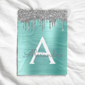 Zilveren Teal Glitter Geborsteld Metalen Monogram Fleece Deken