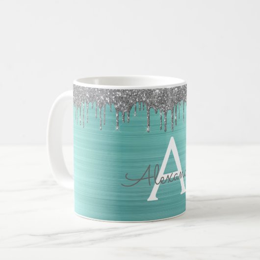 Zilveren Teal Glitter Geborsteld Metalen Monogram Koffiemok (Voorkant links)