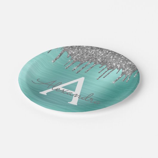 Zilveren Teal Glitter Geborsteld Metalen Monogram Papieren Bordje (Gekanteld)