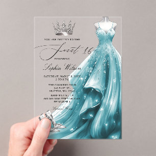 Zilveren Teal Jurk Prinses Sweet 16 Acryl Uitnodigingen