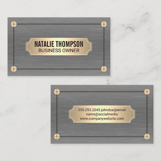 Zilveren textuur metaal | Gouden schroeven en plaa Visitekaartje (Voorkant / Achterkant)