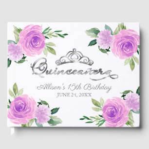 Zilveren Tiara Licht Paarse Bloemige Quinceanera Gastenboek