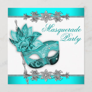 Zilveren Turquoise Blauwe Maskerade Feest Uitnodig Kaart