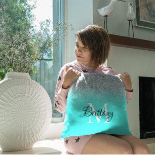 Zilveren Turquoise Glitter Ombre Monogram Kussen