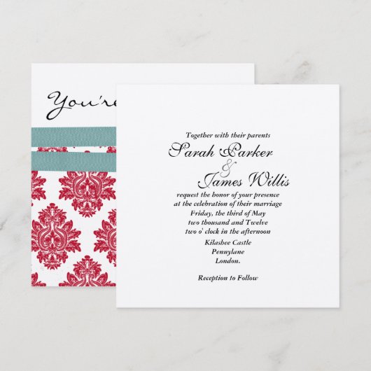 Zilveren & turquoise & rode metalen trouw uitnodig kaart (Voorkant / Achterkant)