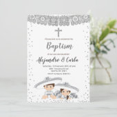 Zilveren tweeling jongen en meisje doop kaart (Staand voorkant)