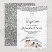 Zilveren tweeling jongen en meisje doop kaart (Voorkant / Achterkant)