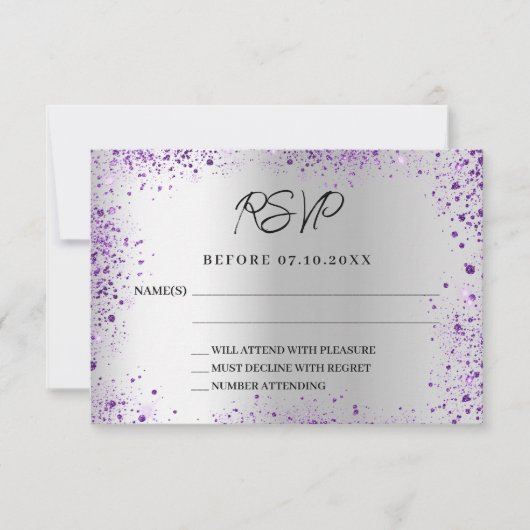 Zilveren violette paarse bruiloft reactie RSVP (Voorkant)