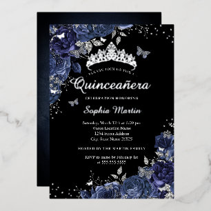 Zilveren Vlinder Bloemig Navy Zwart Quinceanera Folie Uitnodiging