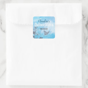 Zilveren Vlinder en Bloemen op Blauwe Quinceanera Vierkante Sticker