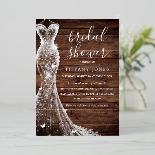 Zilveren vlinder jurk rustiek Vrijgezellenfeest Folie Uitnodiging (Staand Voorkant)