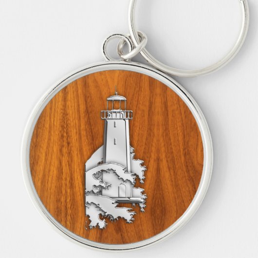 Zilveren vuurtoren op Teak Wood Style Sleutelhanger (Voorkant)