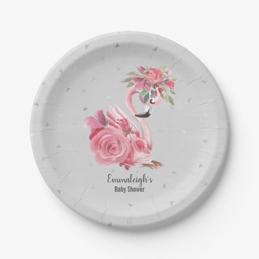 Zilveren Waterverf Ballerina Flamingo Baby shower Papieren Bordje (Voorkant)