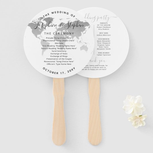 Zilveren Wereldkaart bruiloft programma Handwaaier (Voorkant en achterkant)