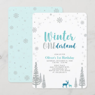 Zilveren Winter onederland jongen 1e verjaardagsfe Kaart