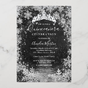 Zilveren Winter Sneeuwvlok Tuin Quinceanera Folie Uitnodiging