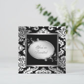 Zilveren Wit Zwart Damask Party Kaart (Staand voorkant)