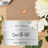 Zilveren witte bloemen kant bruiloft save the date