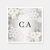 Zilveren witte bloemen monogram bruiloft servet (Voorkant)