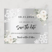 Zilveren witte bloemen verjaardag Save the Date ka (Voorkant)