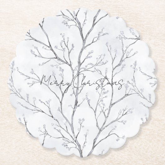 Zilveren witte kerstbomen kartonnen onderzetters (Voorkant)
