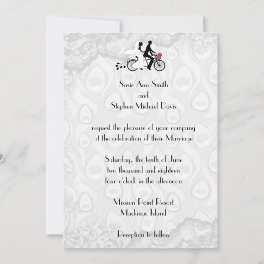 Zilveren Witte Tandem Fiets Huwelijksuitnodiging Kaart (Voorkant)